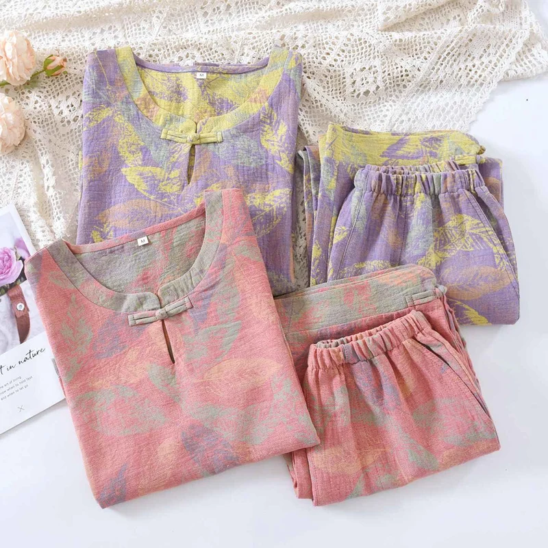 Pyjama-Set im orientalischen Stil mit Blattmotiven aus reiner Baumwolle