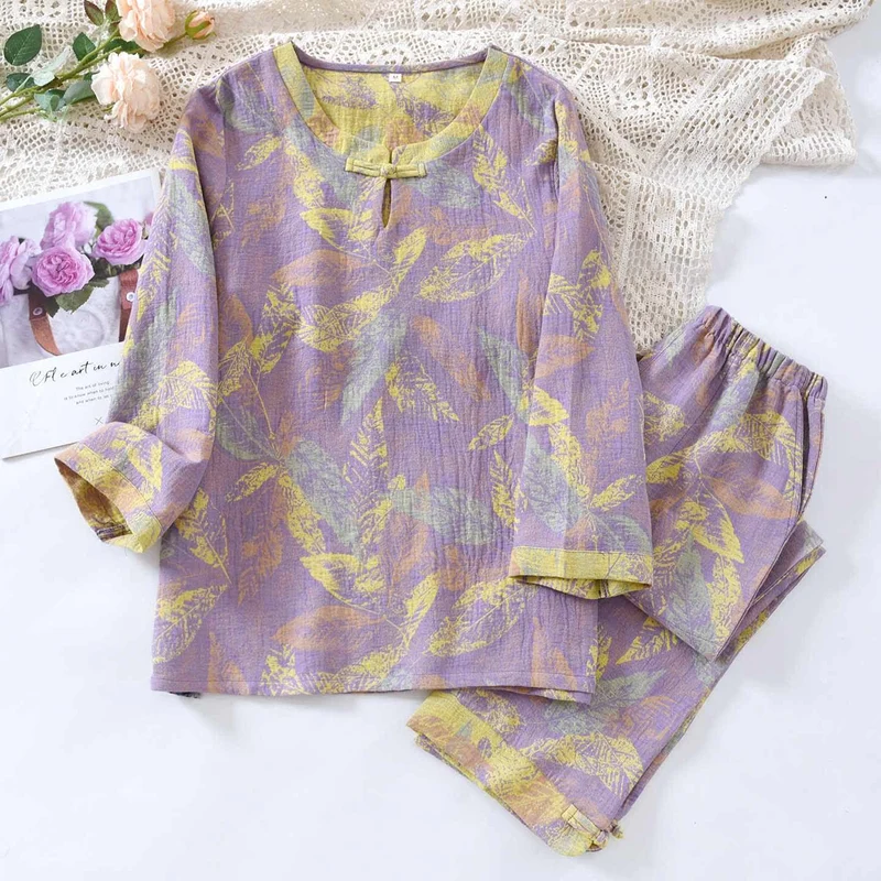 Pyjama-Set im orientalischen Stil mit Blattmotiven aus reiner Baumwolle