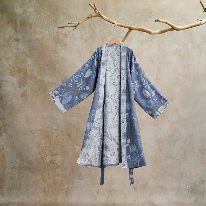 Kimono-Robe aus Baumwollgaze mit pastoralem Blattmuster
