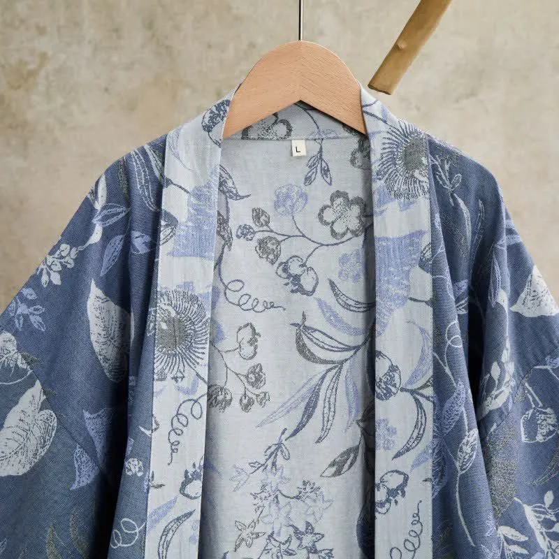 Kimono-Robe aus Baumwollgaze mit pastoralem Blattmuster