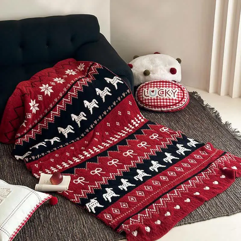 Ownkoti Vintage-Überwurfdecke mit nordischem Pferde- und Schneeflockenmotiv