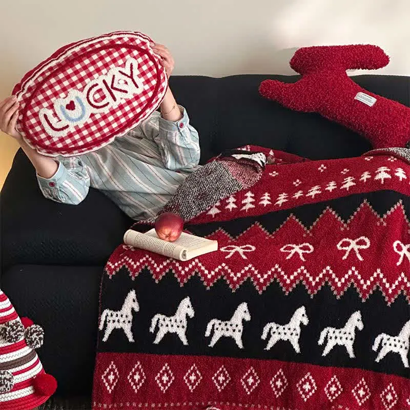 Ownkoti Vintage-Überwurfdecke mit nordischem Pferde- und Schneeflockenmotiv