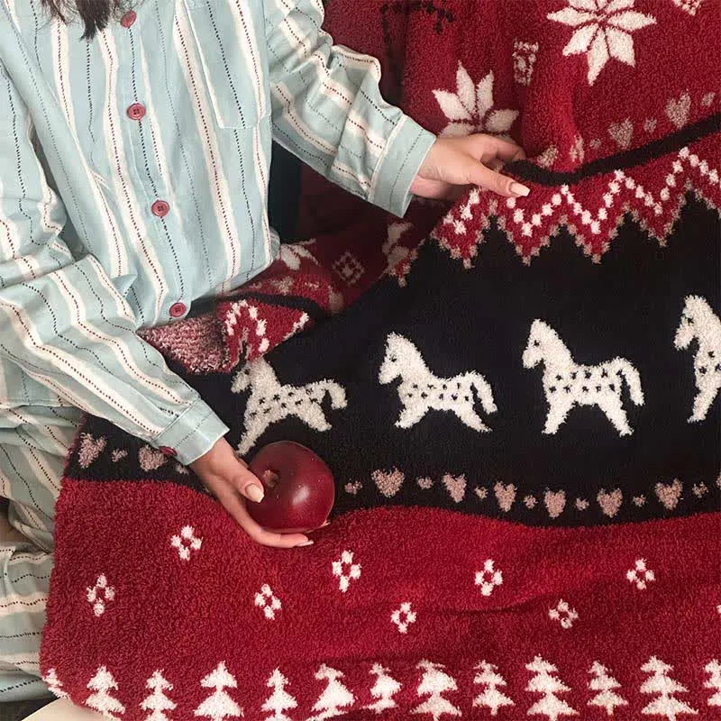 Ownkoti Vintage-Überwurfdecke mit nordischem Pferde- und Schneeflockenmotiv