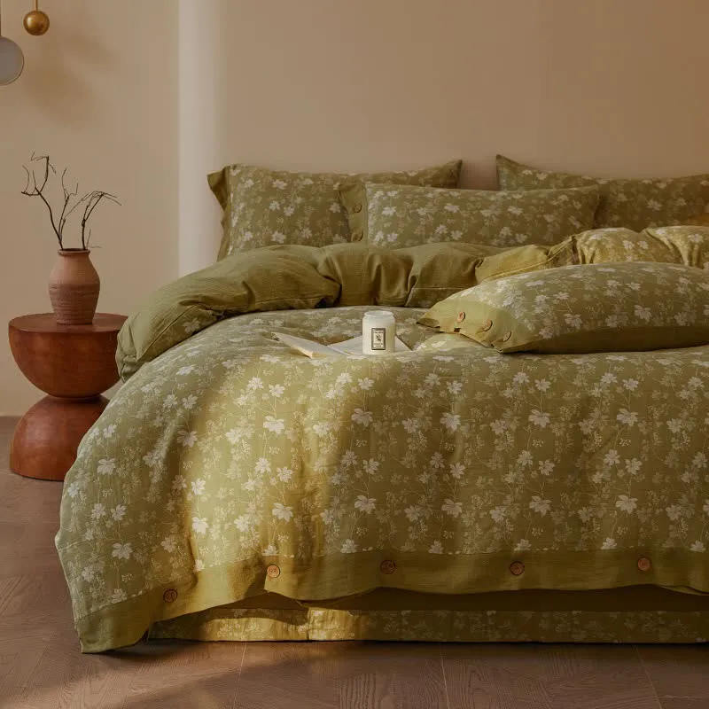 Bettwäsche-Set aus Baumwolldoppelgaze mit botanischem Blumenmuster (4-teilig)
