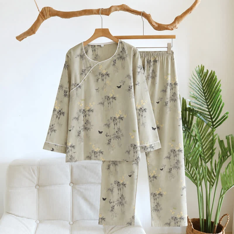 Orientalisches Bambus-Schmetterlings-Baumwoll-Loungewear-Set