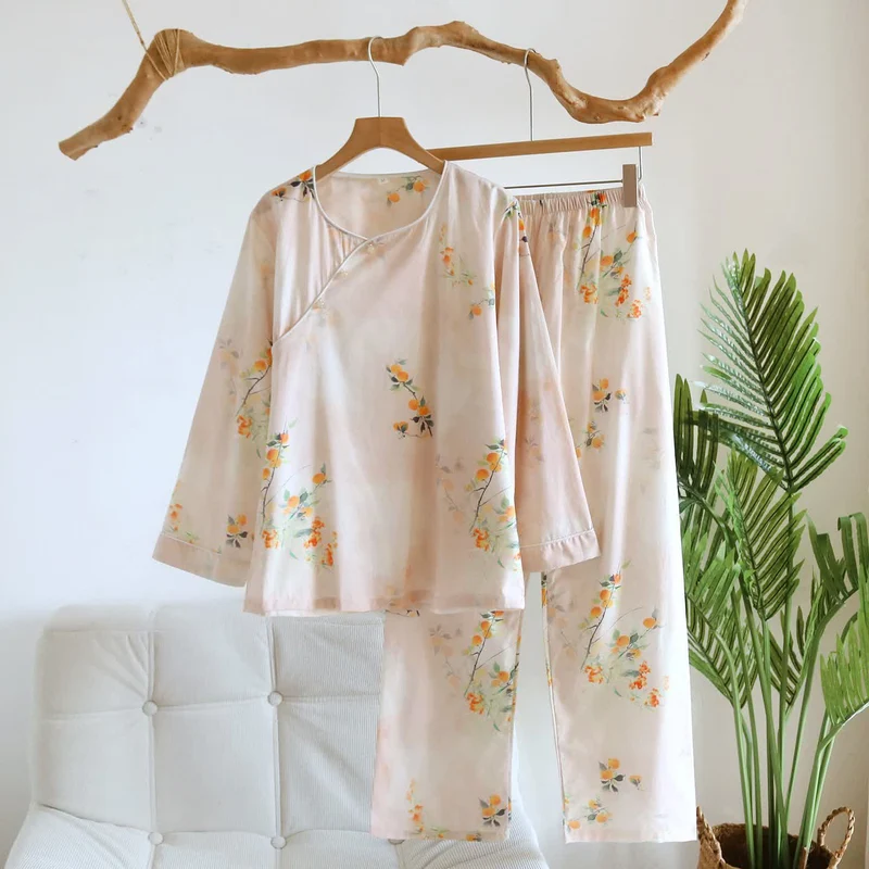 Orientalisches Loungewear-Set aus gelber Baumwolle mit Beerenmuster