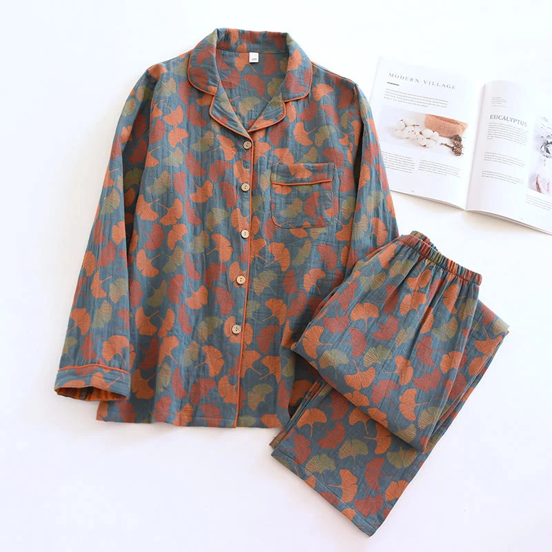 Loungewear-Set aus Baumwolle mit Ginkgoblatt-Knopf