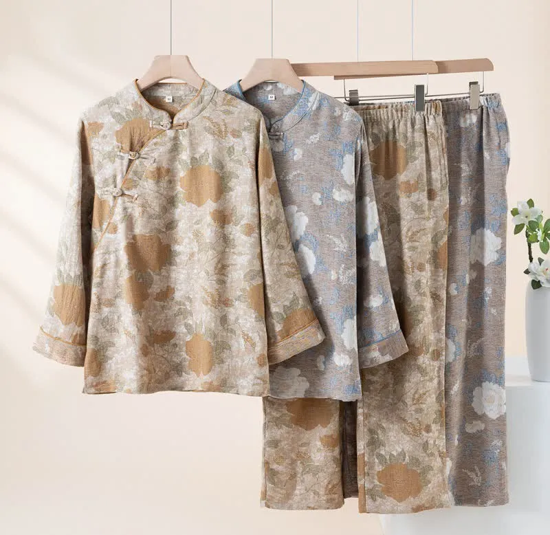 Vintage-Pyjama-Set aus Baumwolle mit Blumenmuster und Stehkragen