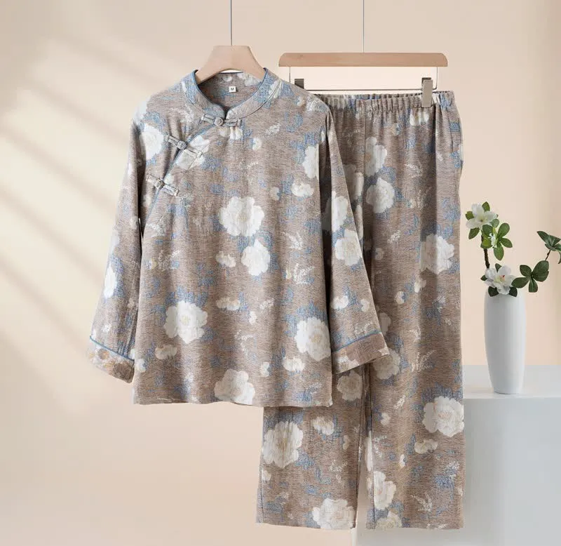 Vintage-Pyjama-Set aus Baumwolle mit Blumenmuster und Stehkragen