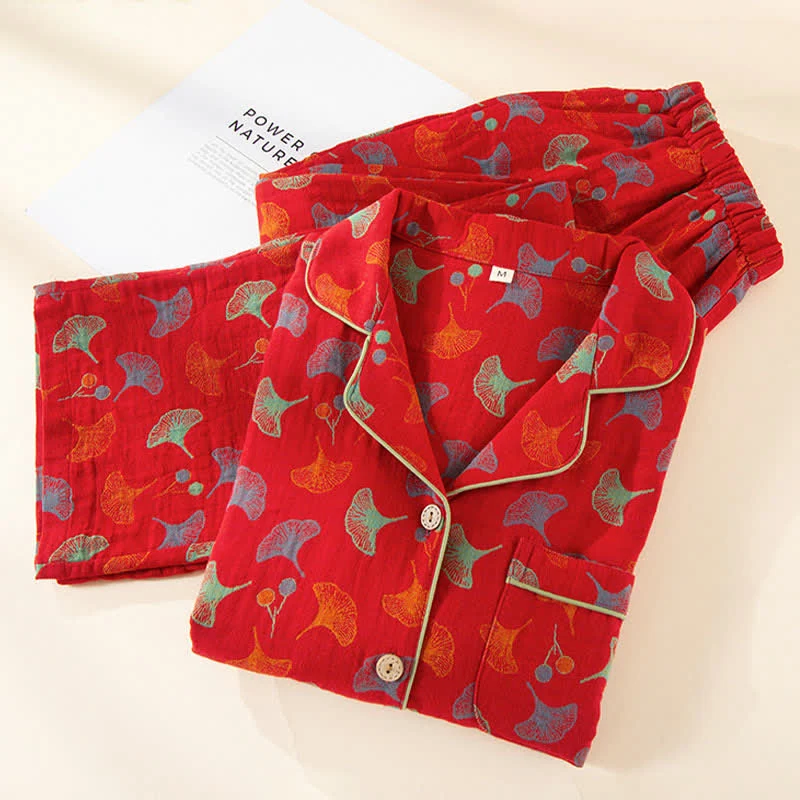 Pyjama-Set aus Baumwollgaze mit Ginkgoblatt