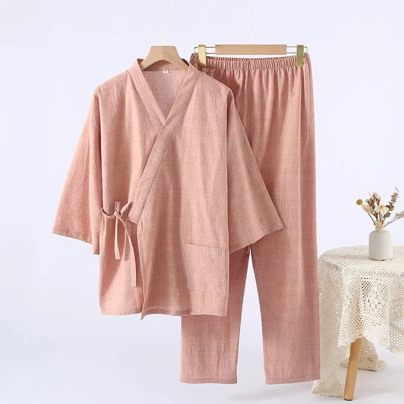 Kimono-Loungewear aus dezent kariertem Baumwollgaze
