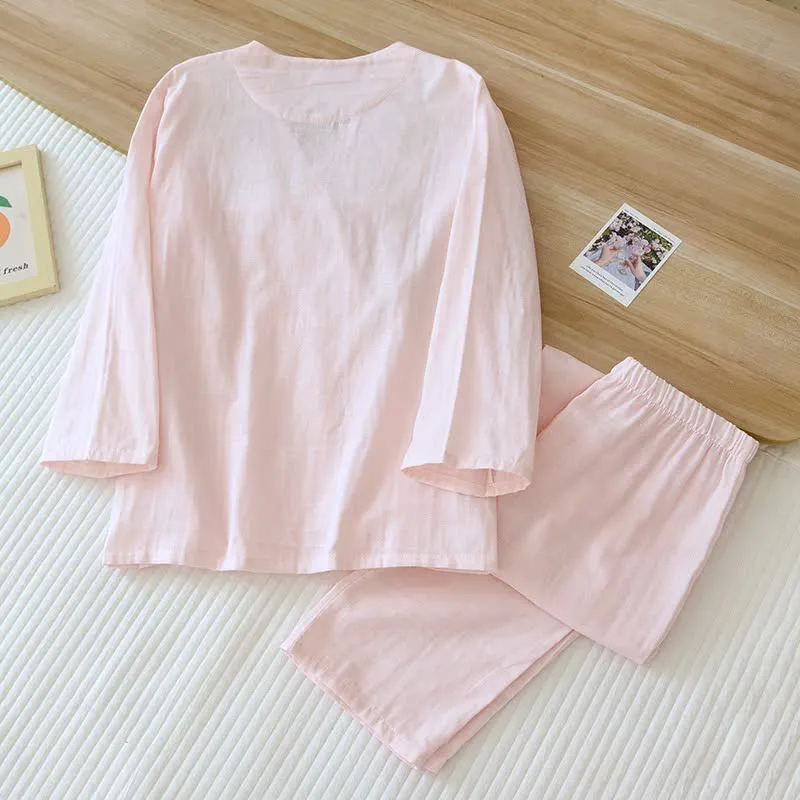 Kimono-Loungewear aus Baumwollgaze mit Blumenstickerei