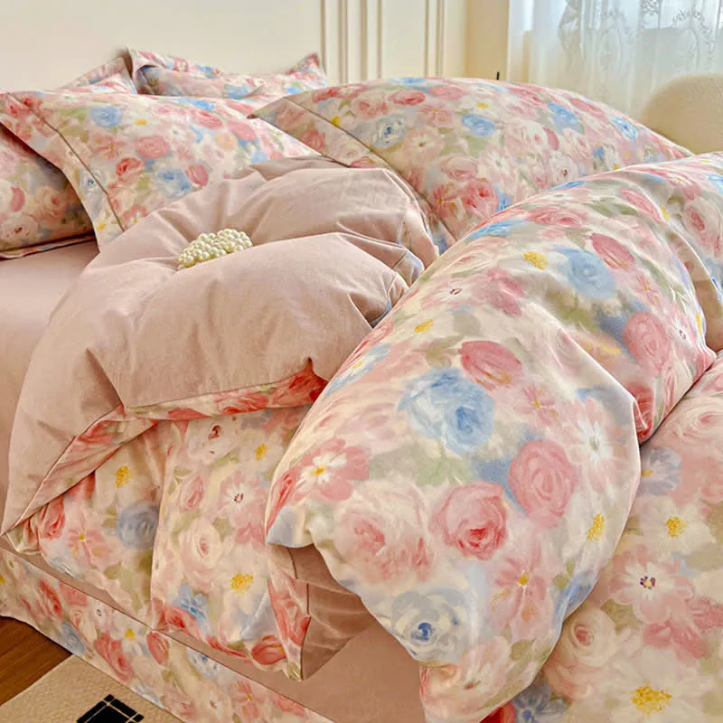 Traumhaftes rosa Rosen-Bettwäscheset aus gebürsteter Baumwolle (4-teilig)