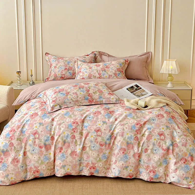 Traumhaftes rosa Rosen-Bettwäscheset aus gebürsteter Baumwolle (4-teilig)