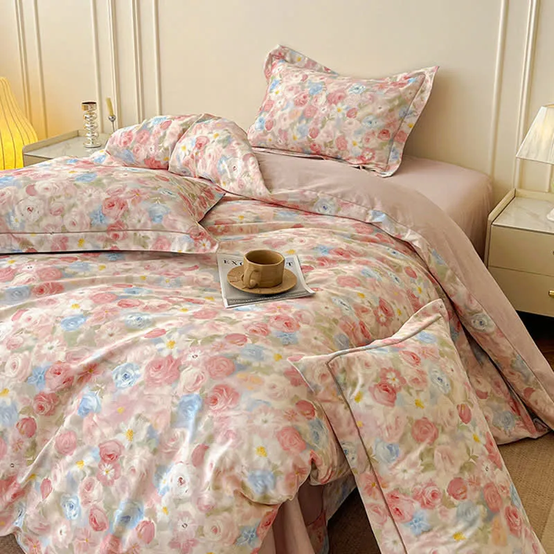 Traumhaftes rosa Rosen-Bettwäscheset aus gebürsteter Baumwolle (4-teilig)