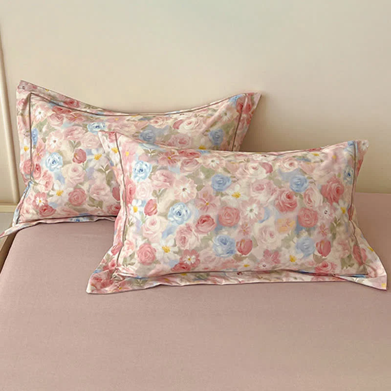 Traumhaftes rosa Rosen-Bettwäscheset aus gebürsteter Baumwolle (4-teilig)