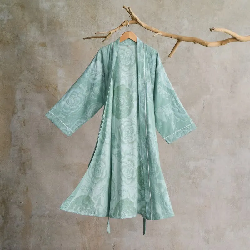 Luxuriöser Kimono-Bademantel aus reiner Baumwolle mit Pfingstrosenmuster