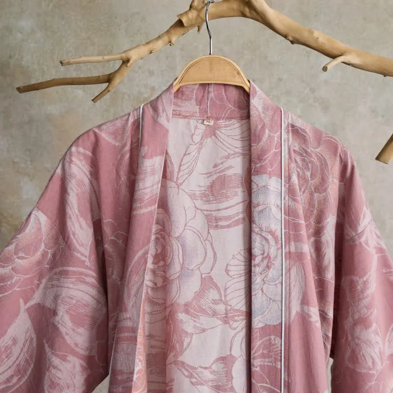 Luxuriöser Kimono-Bademantel aus reiner Baumwolle mit Pfingstrosenmuster