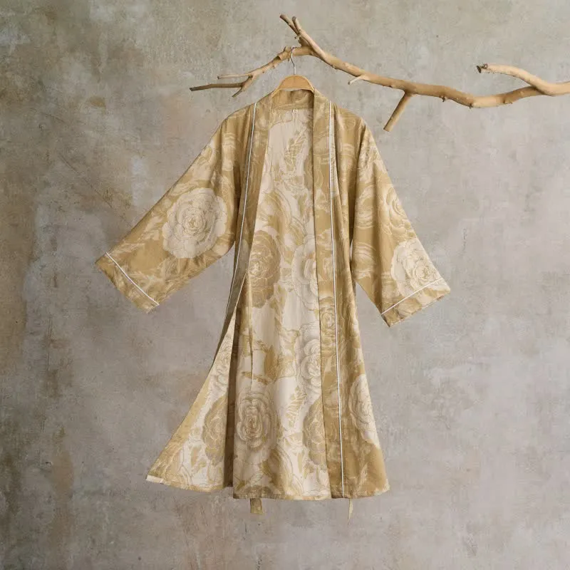 Luxuriöser Kimono-Bademantel aus reiner Baumwolle mit Pfingstrosenmuster