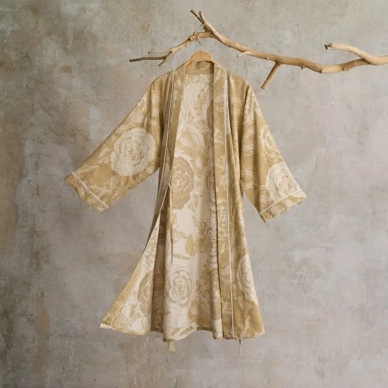 Luxuriöser Kimono-Bademantel aus reiner Baumwolle mit Pfingstrosenmuster