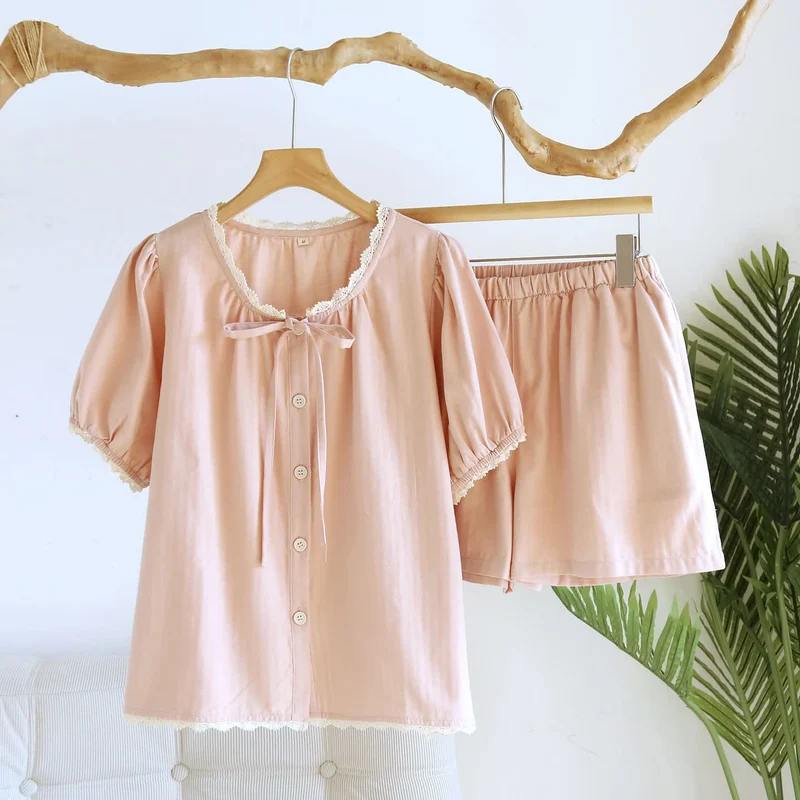 Kurzes Pyjama-Set in Unifarbe mit Spitzenbesatz