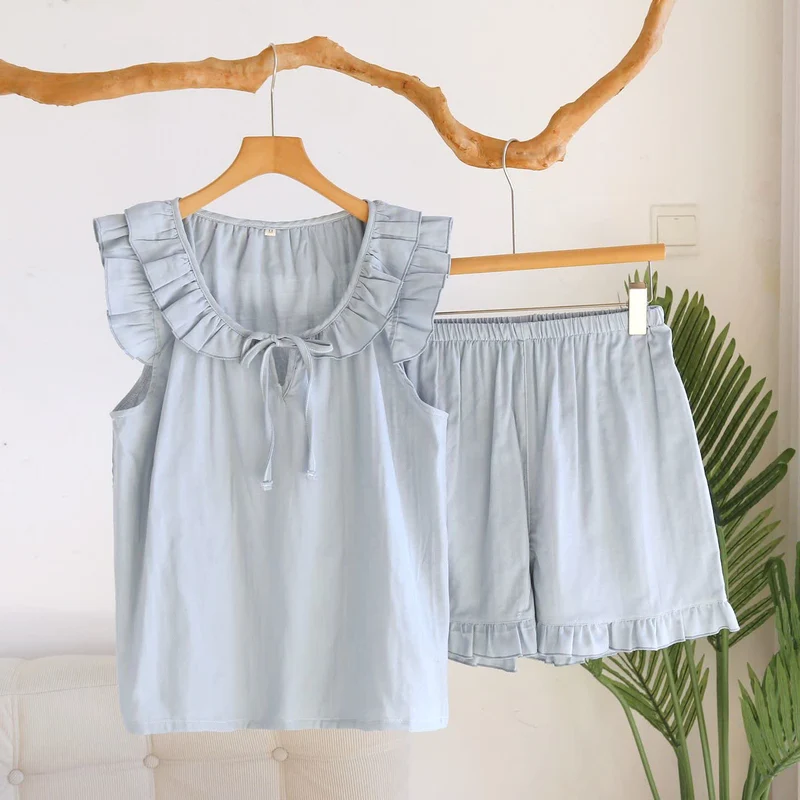 Einfarbiger Rüschen-Tanktop-Pyjama-Set