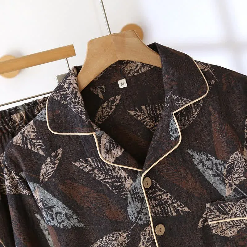 Loungewear aus Baumwollgaze mit künstlerischem Blattjacquardmuster