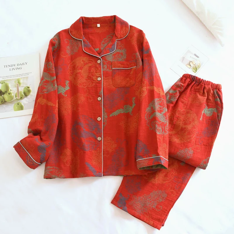 Orientalischer Drachen- und Phönix-Baumwollpyjama-Set