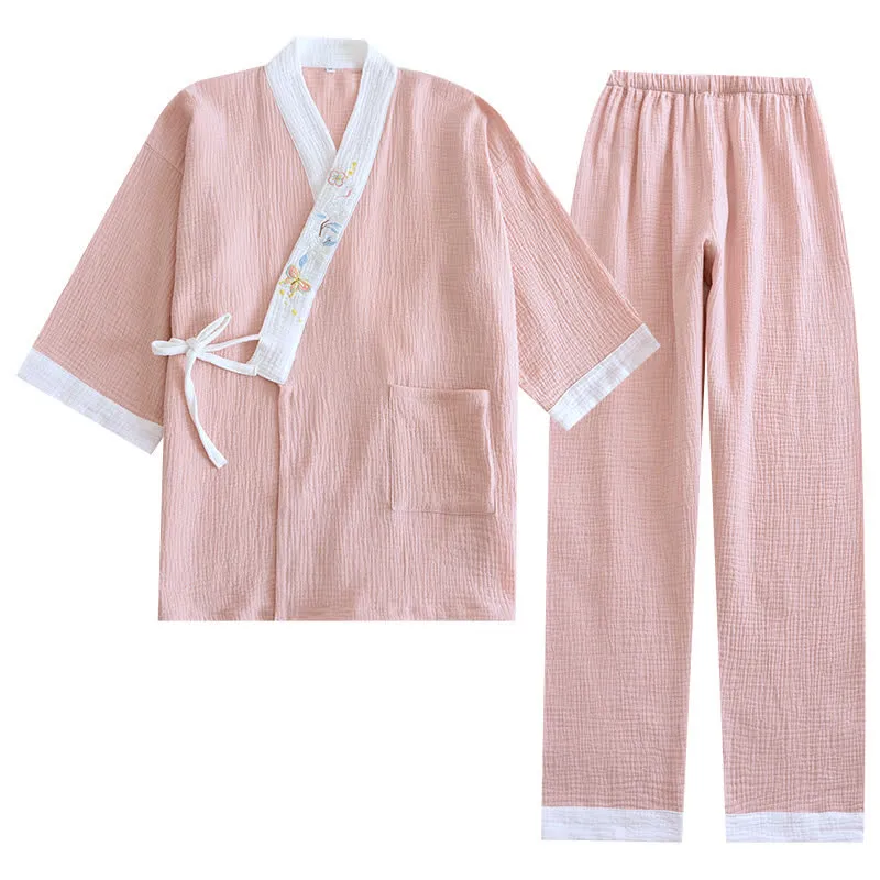 Kimono-Loungewear aus Baumwollgaze mit Schmetterlingsstickerei