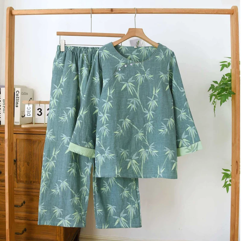 Pyjama aus grünem Bambus-Jacquard-Baumwollgaze