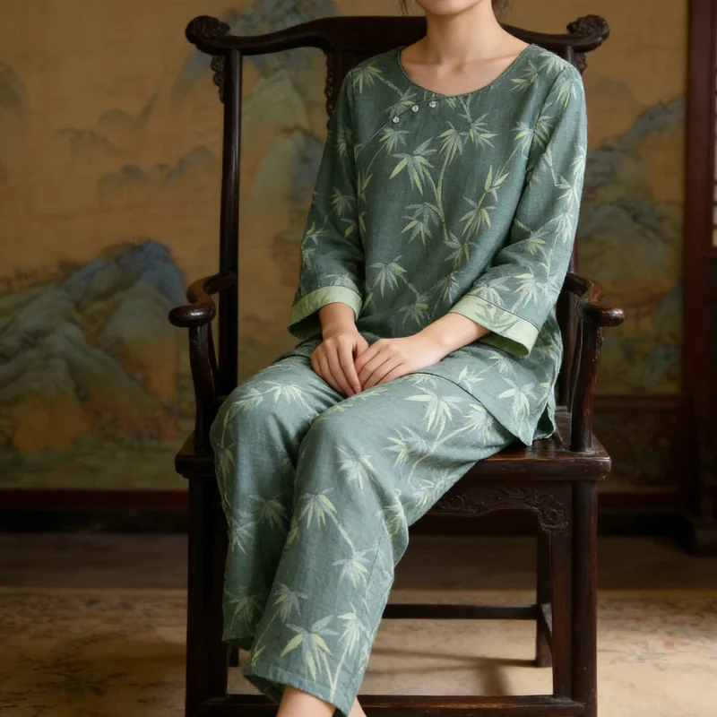 Pyjama aus grünem Bambus-Jacquard-Baumwollgaze
