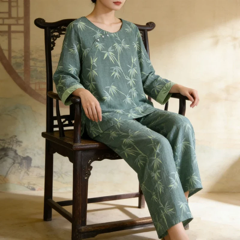 Pyjama aus grünem Bambus-Jacquard-Baumwollgaze