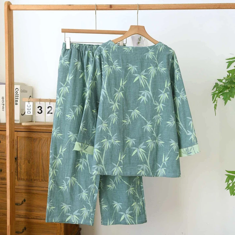 Pyjama aus grünem Bambus-Jacquard-Baumwollgaze