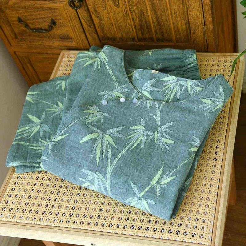 Pyjama aus grünem Bambus-Jacquard-Baumwollgaze