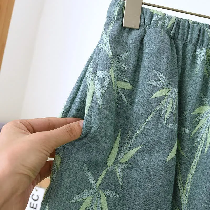 Pyjama aus grünem Bambus-Jacquard-Baumwollgaze