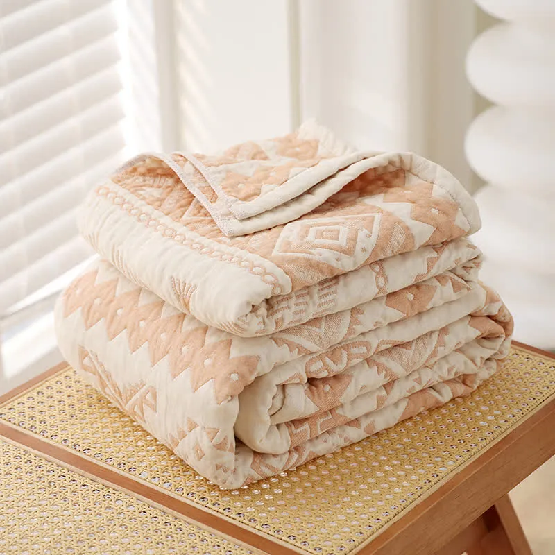 Beige Baumwollgaze-Steppdecke mit geometrischem Muster