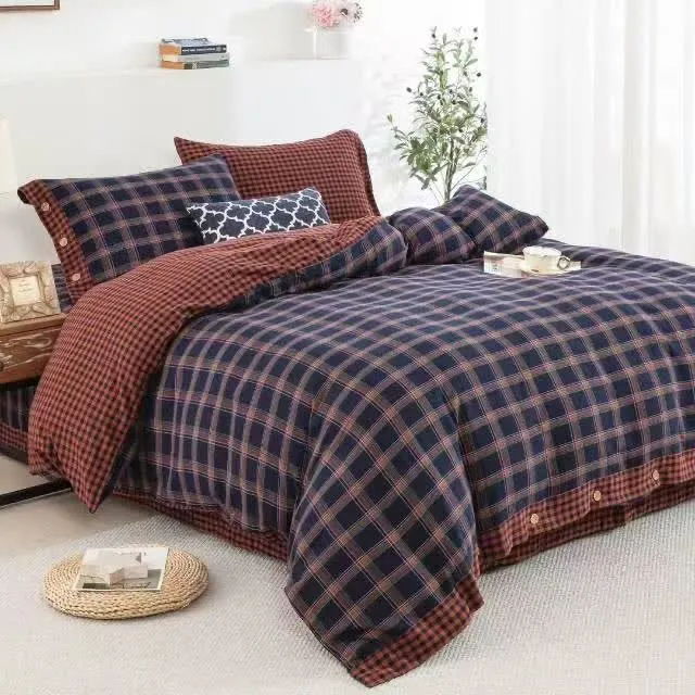 Retro-Karo-Bettwäscheset aus Baumwollgaze mit Knöpfen (4-teilig)
