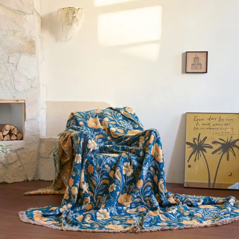 Bunte Sofadecke aus Baumwolle mit Blumen-, Vogel- und Quastenmuster