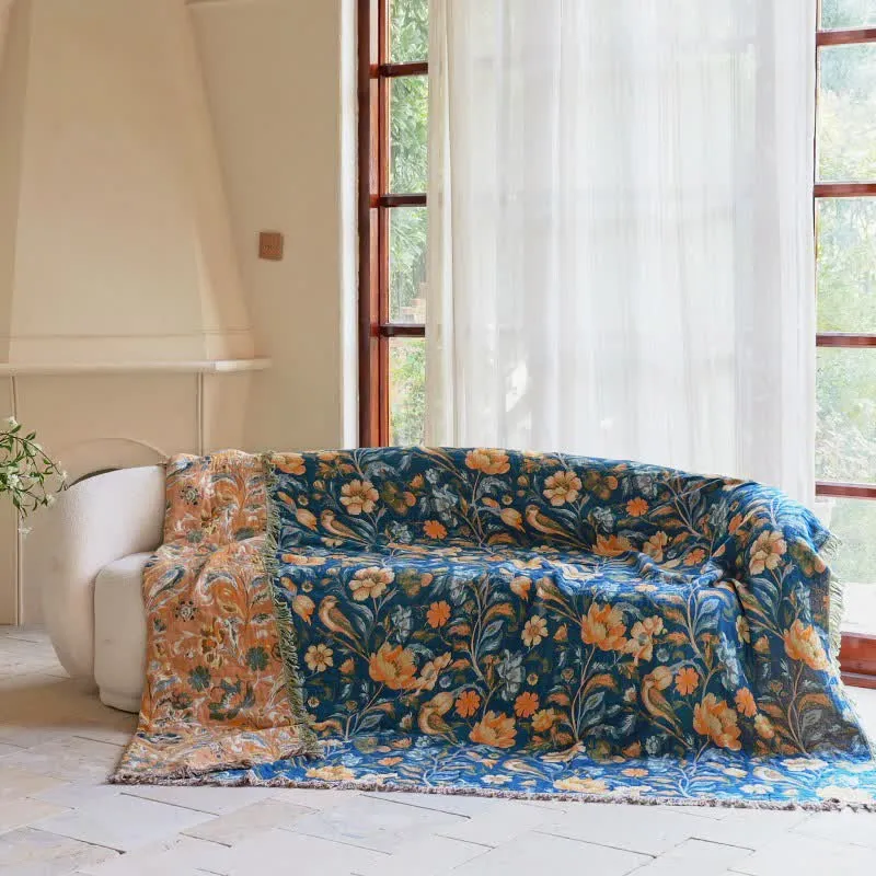 Bunte Sofadecke aus Baumwolle mit Blumen-, Vogel- und Quastenmuster