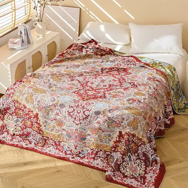 Ownkoti Retro-Steppdecke aus roter Baumwolle mit Jacquard-Blumenmuster