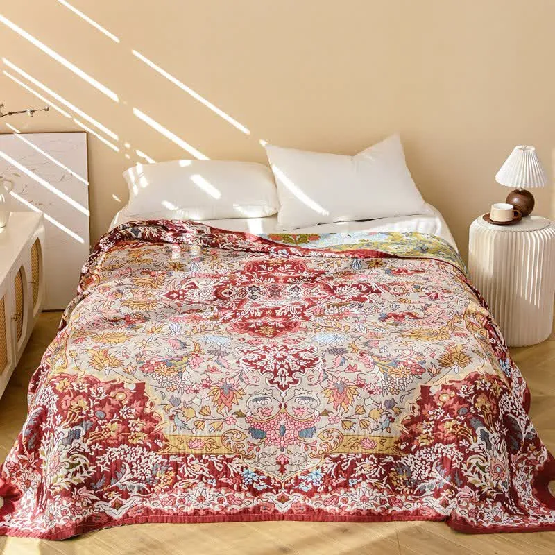 Ownkoti Retro-Steppdecke aus roter Baumwolle mit Jacquard-Blumenmuster