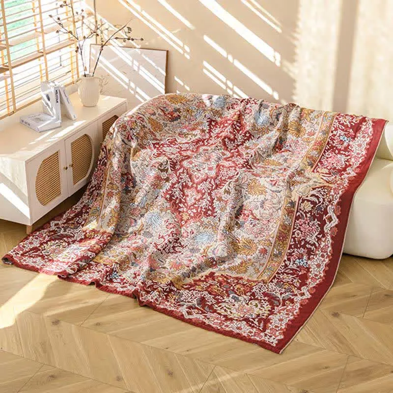 Ownkoti Retro-Steppdecke aus roter Baumwolle mit Jacquard-Blumenmuster