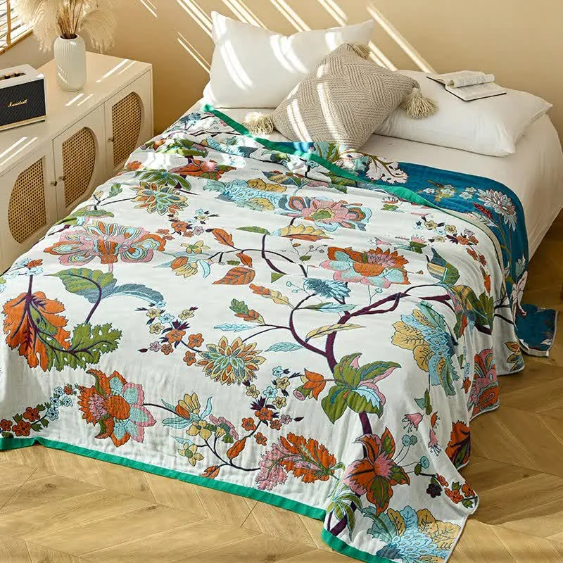 Ownkoti Quiltdecke aus Baumwollgaze mit Jacquardmuster und floralem Blattmuster