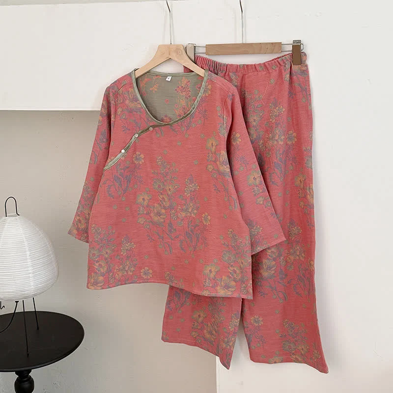 Orientalischer Pyjama aus Baumwollgaze mit rosa Pfingstrosenmuster