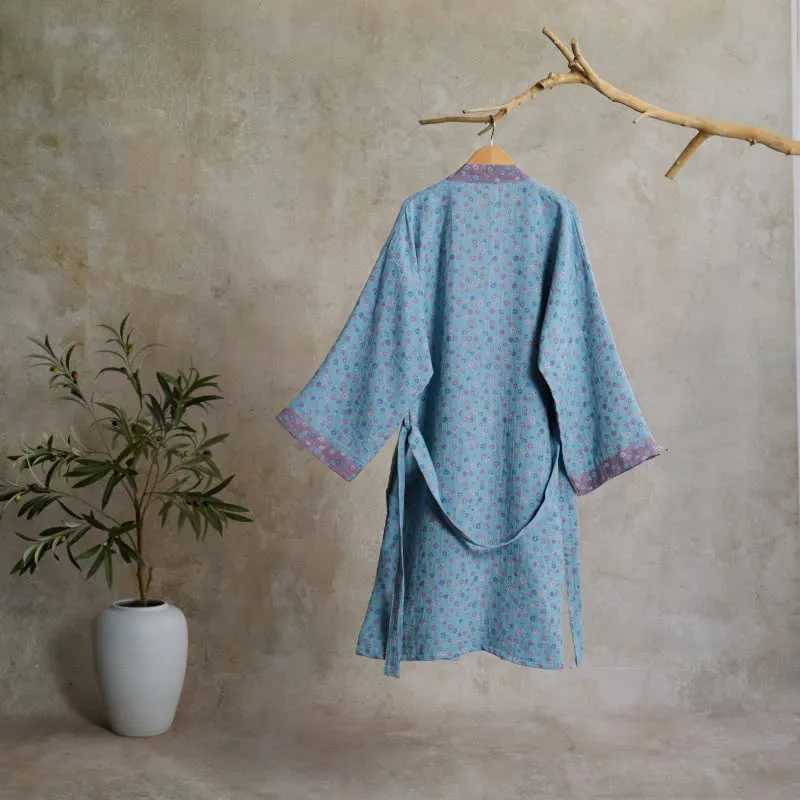 Rustikaler Kimono-Bademantel aus Baumwolle mit floralem Jacquardmuster
