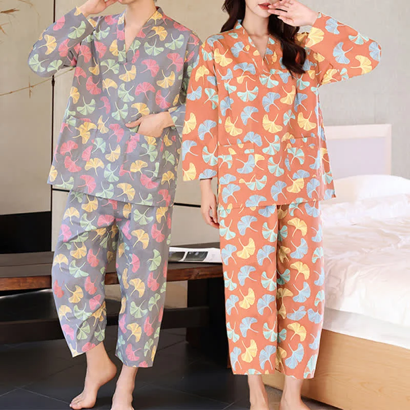 Sauna- und Loungewear-Set aus Baumwolle mit Ginkgo-Blatt