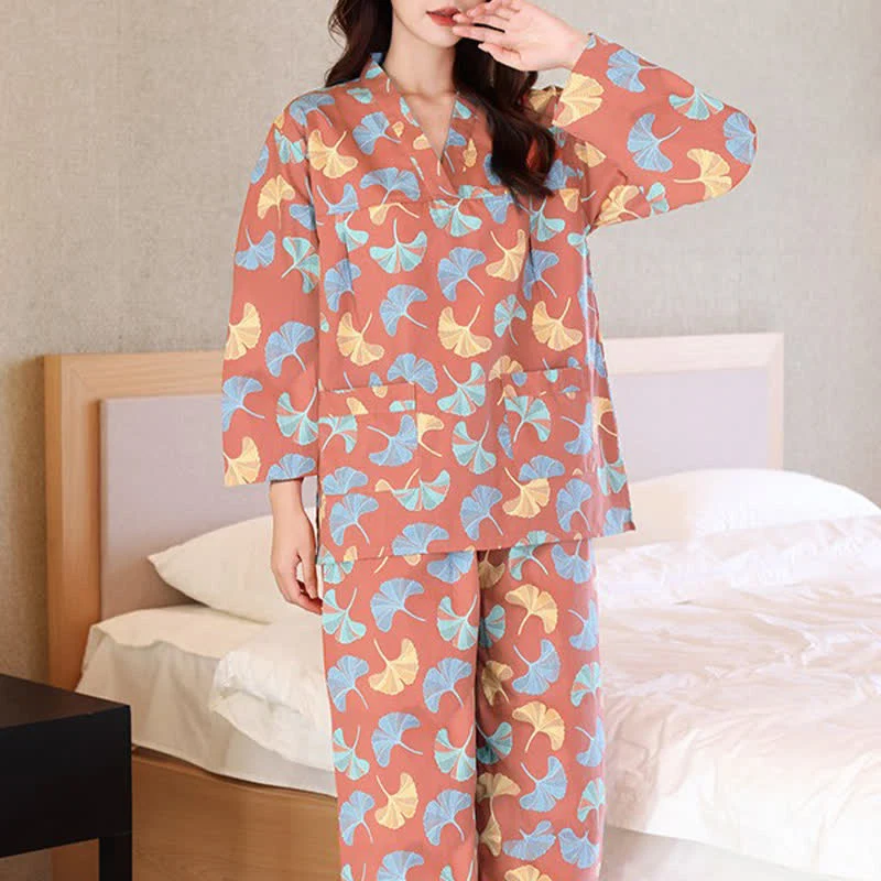 Sauna- und Loungewear-Set aus Baumwolle mit Ginkgo-Blatt