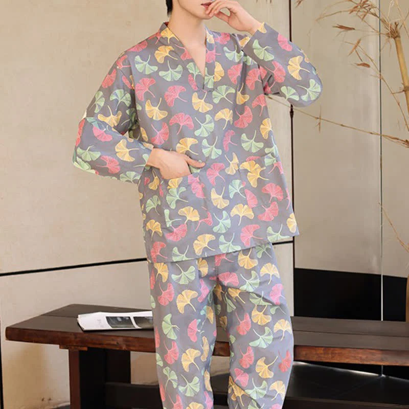 Sauna- und Loungewear-Set aus Baumwolle mit Ginkgo-Blatt