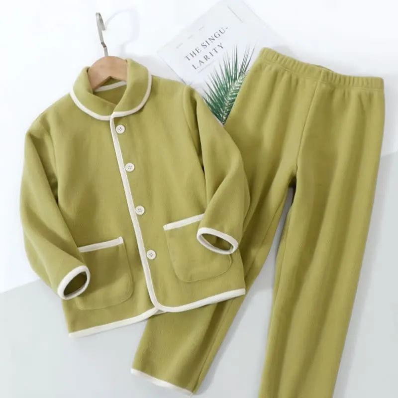 Einfarbiger, warmer Plüsch-Kinderpyjama-Set