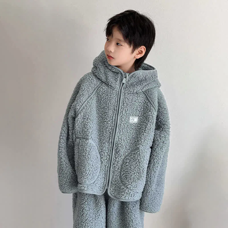 Einfarbiges Kinder-Loungewear-Set mit Kapuze und Reißverschluss